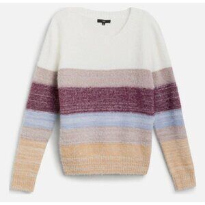 FATE Fuzzy Knit Colorblock Sweater Ivory Burgundy Striped - Cozy & Warm Size S